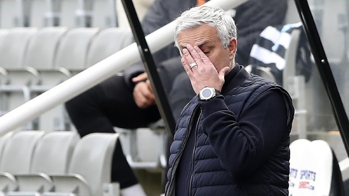 Tottenhams manager Jose Mourinho gestures during the warm up before the English Premier League soccer match between Newcastle United and Tottenham Hotspur at St. James Park in Newcastle, England, Sunday, April 4, 2021. (AP Photo/Scott Heppell, Pool)