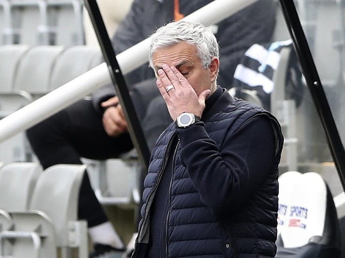 Tottenham's manager Jose Mourinho gestures during the warm up before the English Premier League soccer match between Newcastle United and Tottenham Hotspur at St. James' Park in Newcastle, England, Sunday, April 4, 2021. (AP Photo/Scott Heppell, Pool)