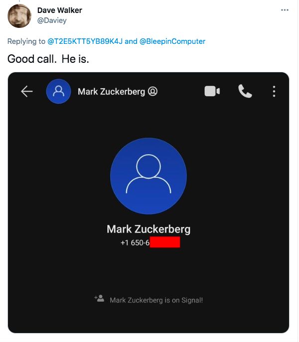 Tangkapan layar akun Signal Mark Zuckerberg