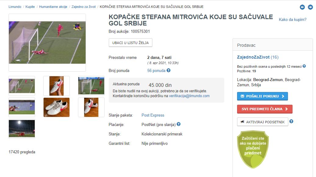 Lelang sepatu Stefan Mitrovic yang menghalau gol Cristiano Ronaldo di laga Serbia vs Portugal dalam Kualifikasi Piala Dunia 2022.