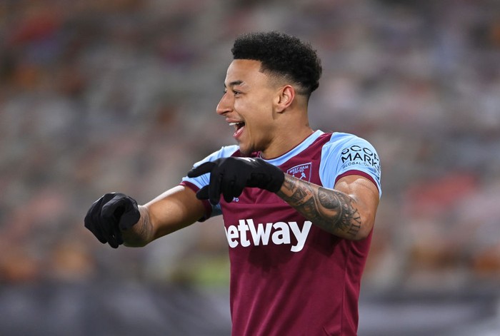 WOLVERHAMPTON, ENGLAND - APRIL 05: Jesse Lingard of West Ham United celebrates after scoring their teams first goal during the Premier League match between Wolverhampton Wanderers and West Ham United at Molineux on April 05, 2021 in Wolverhampton, England. Sporting stadiums around the UK remain under strict restrictions due to the Coronavirus Pandemic as Government social distancing laws prohibit fans inside venues resulting in games being played behind closed doors. (Photo by Laurence Griffiths/Getty Images)