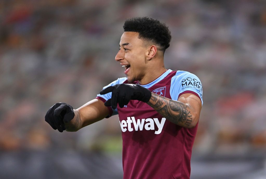 WOLVERHAMPTON, ENGLAND - APRIL 05: Jesse Lingard of West Ham United celebrates after scoring their team's first goal during the Premier League match between Wolverhampton Wanderers and West Ham United at Molineux on April 05, 2021 in Wolverhampton, England. Sporting stadiums around the UK remain under strict restrictions due to the Coronavirus Pandemic as Government social distancing laws prohibit fans inside venues resulting in games being played behind closed doors. (Photo by Laurence Griffiths/Getty Images)