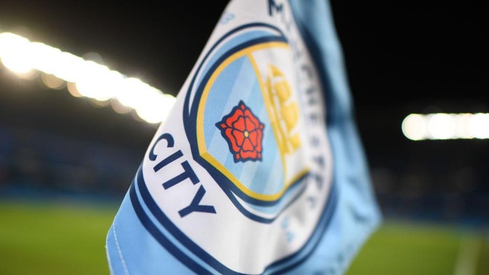 MANCHESTER, ENGLAND - JANUARY 14:  A corner flag with the Manchester City logo is seen inside the stadium prior to the Premier League match between Manchester City and Wolverhampton Wanderers at Etihad Stadium on January 14, 2019 in Manchester, United Kingdom.  (Photo by Michael Regan/Getty Images)