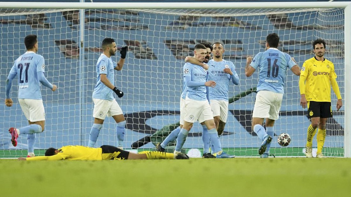 Manchester City menang 2-1 atas Borussia Dortmund di leg pertama perempatfinal Liga Champions (Foto: AP/Dave Thompson)