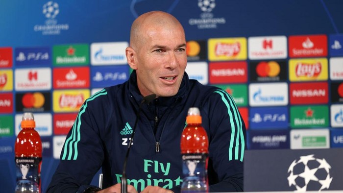 MADRID, SPAIN - FEBRUARY 25: Zinedine Zidane, Head Coach of Real Madrid speaks to the media during a press conference ahead of their UEFA Champions League round of 16 first leg match against Manchester City at Valdebebas training ground on February 25, 2020 in Madrid, Spain. (Photo by Angel Martinez/Getty Images)