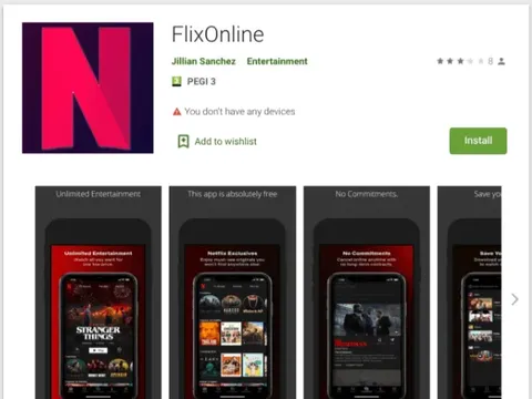 Tampilan FlixOnline, aplikasi jahat berisi malware yang tawarkan Netflix gratis, di Google Play Store