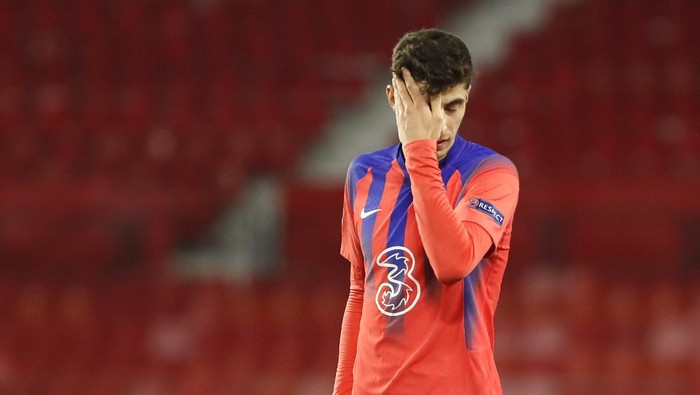 Chelseas Kai Havertz reacts during the Champions League, first leg, quarterfinal soccer match between FC Porto and Chelsea at the Ramon Sanchez-Pizjuan stadium in Seville, Spain, Wednesday, Apr. 7, 2021. (AP Photo/Angel Fernandez)