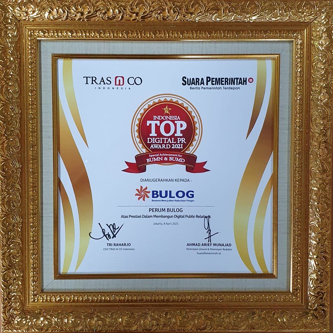 Perum BULOG berhasil meraih penghargaan Indonesia Digital PR Award 2021