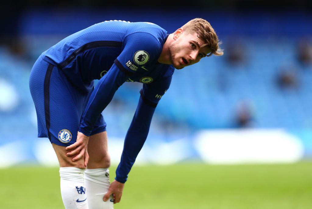 LONDON, ENGLAND - APRIL 03: Timo Werner of Chelsea looks on during the Premier League match between Chelsea and West Bromwich Albion at Stamford Bridge on April 03, 2021 in London, England. Sporting stadiums around the UK remain under strict restrictions due to the Coronavirus Pandemic as Government social distancing laws prohibit fans inside venues resulting in games being played behind closed doors. (Photo by Clive Rose/Getty Images)