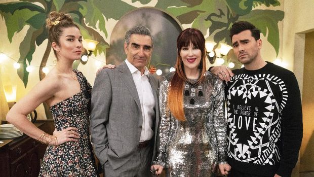 This image released by Pop TV shows, from left, Annie Murphy, Eugene Levy, Catherine O'Hara and Dan Levy from the series 