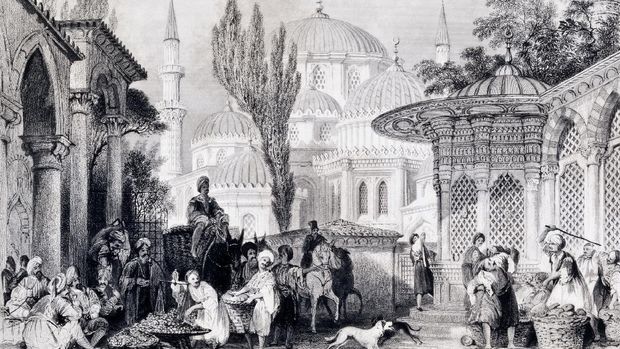 Engraving of  Sehzade Mosque and street market in Istanbul, Turkey, Ottoman Period.