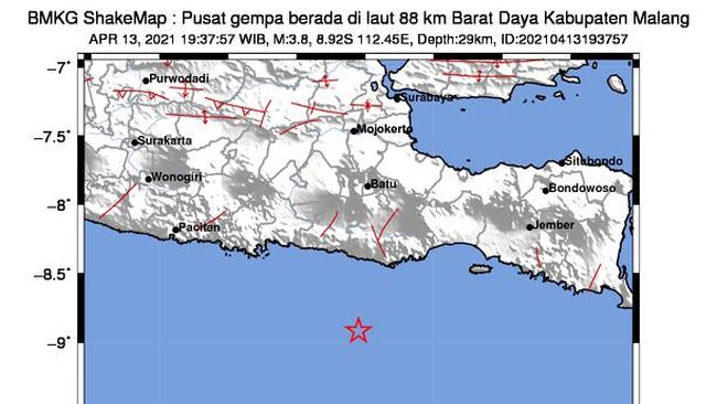 Gempa Malang Susulan M 3,8 Tak Terasa di Trenggalek Gempa Malang Susulan M 3,8 Tak Terasa di Trenggalek