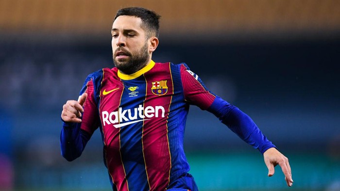 SEVILLE, SPAIN - JANUARY 17: Jordi Alba of FC Barcelona looks on during the Supercopa de Espana Final match between FC Barcelona and Athletic Club at Estadio de La Cartuja on January 17, 2021 in Seville, Spain. Sporting stadiums around Spain remain under strict restrictions due to the Coronavirus Pandemic as Government social distancing laws prohibit fans inside venues resulting in games being played behind closed doors. (Photo by David Ramos/Getty Images)