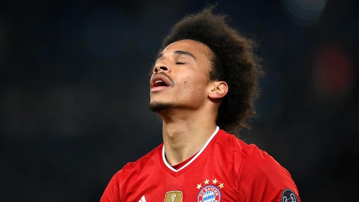 PARIS, FRANCE - APRIL 13: Leroy Sane of FC Bayern Muenchen looks dejected at full-time after the UEFA Champions League Quarter Final Second Leg match between Paris Saint-Germain and FC Bayern Munich at Parc des Princes on April 13, 2021 in Paris, France. Sporting stadiums around France remain under strict restrictions due to the Coronavirus Pandemic as Government social distancing laws prohibit fans inside venues resulting in games being played behind closed doors. (Photo by Matthias Hangst/Getty Images)