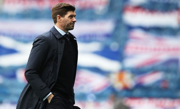 GLASGOW, SCOTLAND - APRIL 04: Rangers Manager Steven Gerrard is seen during the William Hill Scottish Cup Third Round match between Rangers and Cove Rangers on April 04, 2021 in Glasgow, Scotland. Sporting stadiums around the UK remain under strict restrictions due to the Coronavirus Pandemic as Government social distancing laws prohibit fans inside venues resulting in games being played behind closed doors. (Photo by Ian MacNicol/Getty Images)