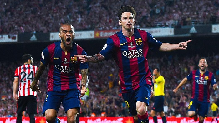 BARCELONA, SPAIN - MAY 30:  Lionel Messi of FC Barcelona celebrates after scoring the opening goal during the Copa del Rey Final match between FC Barcelona and Athletic Club at Camp Nou on May 30, 2015 in Barcelona, Spain.  (Photo by David Ramos/Getty Images)