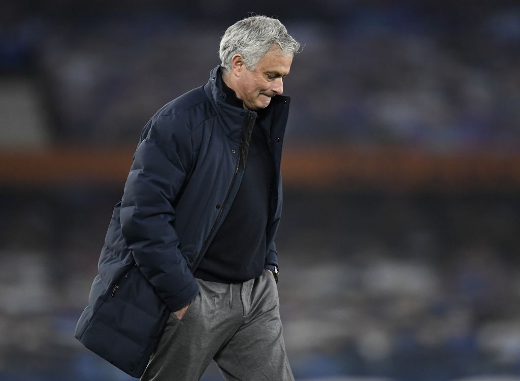 LIVERPOOL, ENGLAND - APRIL 16: Jose Mourinho, Manager of Tottenham Hotspur looks dejected following their side's defeat in the Premier League match between Everton and Tottenham Hotspur at Goodison Park on April 16, 2021 in Liverpool, England. Sporting stadiums around the UK remain under strict restrictions due to the Coronavirus Pandemic as Government social distancing laws prohibit fans inside venues resulting in games being played behind closed doors. (Photo by Peter Powell - Pool/Getty Images)