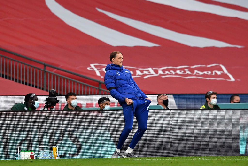 LONDON, ENGLAND - APRIL 17: Thomas Tuchel, Manager of Chelsea  reacts  during the Semi Final of the Emirates FA Cup match between Manchester City and Chelsea FC at Wembley Stadium on April 17, 2021 in London, England. Sporting stadiums around the UK remain under strict restrictions due to the Coronavirus Pandemic as Government social distancing laws prohibit fans inside venues resulting in games being played behind closed doors.  (Photo by Ben Stansall - Pool/Getty Images)