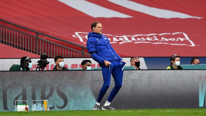 LONDON, ENGLAND - APRIL 17: Thomas Tuchel, Manager of Chelsea  reacts  during the Semi Final of the Emirates FA Cup match between Manchester City and Chelsea FC at Wembley Stadium on April 17, 2021 in London, England. Sporting stadiums around the UK remain under strict restrictions due to the Coronavirus Pandemic as Government social distancing laws prohibit fans inside venues resulting in games being played behind closed doors.  (Photo by Ben Stansall - Pool/Getty Images)