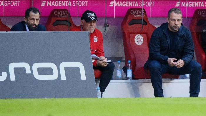 MUNICH, GERMANY - APRIL 10: Hasan Salihamidzic, sporting director of FC Bayern München and head coach Hansi Flick of FC Bayern München seen during the Bundesliga match between FC Bayern Muenchen and 1. FC Union Berlin at Allianz Arena on April 10, 2021 in Munich, Germany. (Photo by Matthias Hangst/Getty Images)