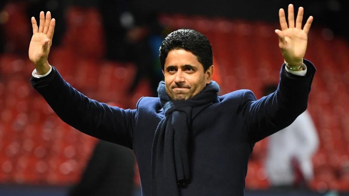 MUNICH, GERMANY - APRIL 06: Nasser Ghanim Al-Khelaifi, President of PSG looks on during a PSG Paris Saint-Germain training session ahead of the UEFA Champions League Quarter Final match against FC Bayern Munich at Allianz Arena on April 06, 2021 in Munich, Germany. (Photo by Alexander Hassenstein/Getty Images)