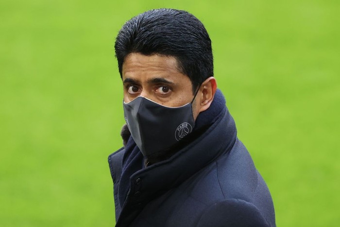 MUNICH, GERMANY - APRIL 06: Nasser Ghanim Al-Khelaifi, President of PSG looks on during a PSG Paris Saint-Germain training session ahead of the UEFA Champions League Quarter Final match against FC Bayern Munich at Allianz Arena on April 06, 2021 in Munich, Germany. (Photo by Alexander Hassenstein/Getty Images)
