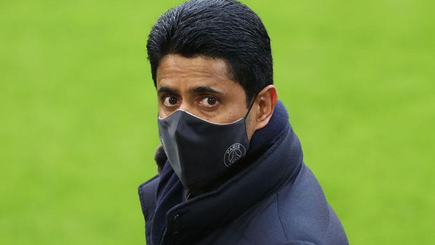 MUNICH, GERMANY - APRIL 06: Nasser Ghanim Al-Khelaifi, President of PSG looks on during a PSG Paris Saint-Germain training session ahead of the UEFA Champions League Quarter Final match against FC Bayern Munich at Allianz Arena on April 06, 2021 in Munich, Germany. (Photo by Alexander Hassenstein/Getty Images)