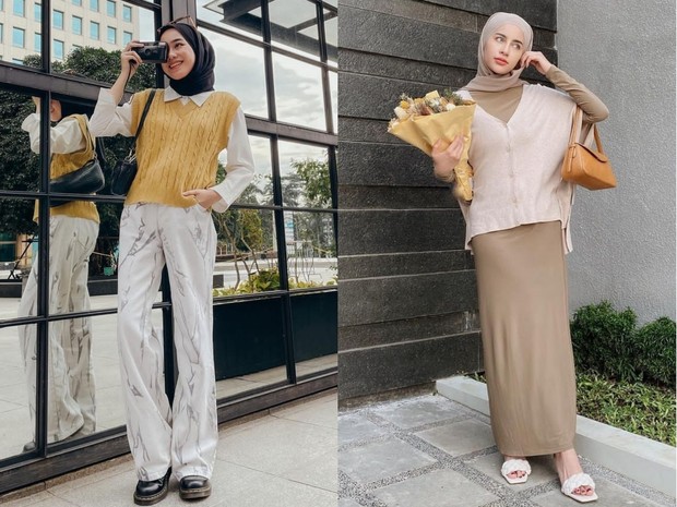 Knit vest sedang marak dijual di online shop/Foto: Instagram.com/afiqahhns/aghniapunjabi Korean hijab look
