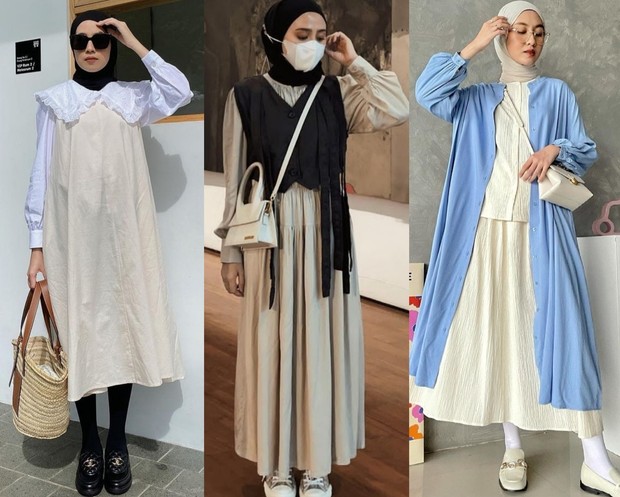 Midi dress ditambah legging jadi andalan Korean look/Foto: Instagram.com/ameliaelle/helminursifah/inasrana Korean hijab look