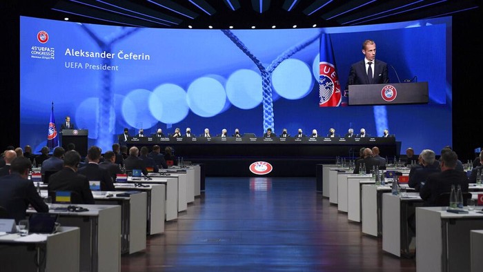 UEFA President Aleksander Ceferin speaks during the 45th UEFA Congress in Montreux, Switzerland, Tuesday April 20, 2021. Ceferin has directly appealed to the owners of English clubs in the Super League project to change their minds out of respect for soccer fans. Ceferin both cajoled and criticized the six-club English group made up of American billionaires, Arab royalty and a Russian oligarch. (Richard Juilliart/UEFA via AP)