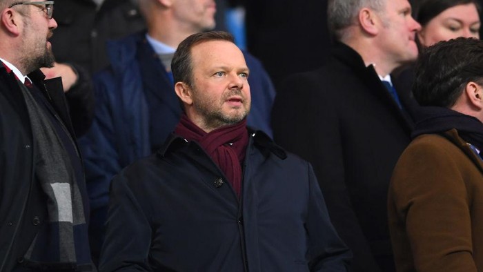 MANCHESTER, ENGLAND - JANUARY 29: Ed Woodward, executive vice-chairman of Manchester United looks on from the crowd prior to the Carabao Cup Semi Final match between Manchester City and Manchester United at Etihad Stadium on January 29, 2020 in Manchester, England. (Photo by Laurence Griffiths/Getty Images)