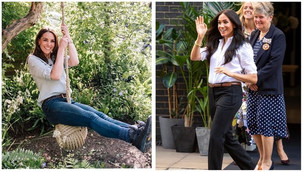 Kate Middleton dan Meghan Markle dalam balutan shirt and jeans.