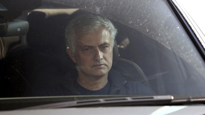 Jose Mourinho leaves Tottenham Hotspur training ground, London, Monday April 19, 2021. Tottenham fired Jose Mourinho on Monday after only 17 months in charge, and just as he was preparing to coach the club in the League Cup final. (Jonathan Brady/PA via AP)