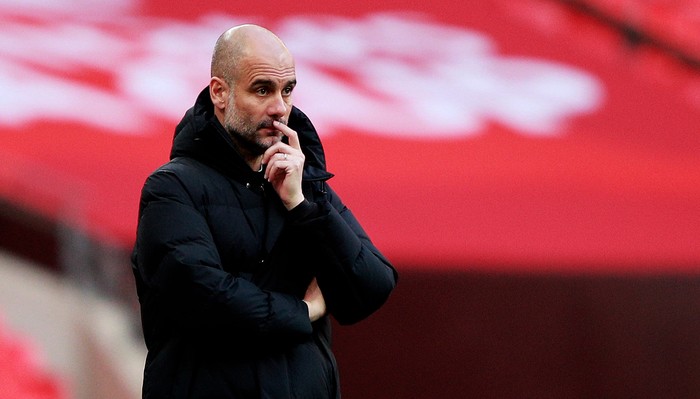 LONDON, ENGLAND - APRIL 17: Pep Guardiola, Manager of Manchester City  looks on  during the Semi Final of the Emirates FA Cup match between Manchester City and Chelsea FC at Wembley Stadium on April 17, 2021 in London, England. Sporting stadiums around the UK remain under strict restrictions due to the Coronavirus Pandemic as Government social distancing laws prohibit fans inside venues resulting in games being played behind closed doors. (Photo by Ian Walton - Pool/Getty Images)