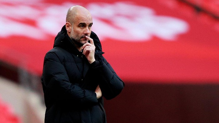 LONDON, ENGLAND - APRIL 17: Pep Guardiola, Manager of Manchester City  looks on  during the Semi Final of the Emirates FA Cup match between Manchester City and Chelsea FC at Wembley Stadium on April 17, 2021 in London, England. Sporting stadiums around the UK remain under strict restrictions due to the Coronavirus Pandemic as Government social distancing laws prohibit fans inside venues resulting in games being played behind closed doors. (Photo by Ian Walton - Pool/Getty Images)