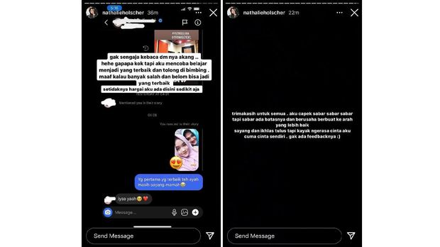 Tangkapan layar Story Instagram Nathalie Holscher, Rabu 22 April 2021.
