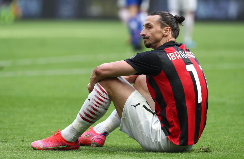 MILAN, ITALY - APRIL 03: Zlatan Ibrahimovic of A.C. Milan reacts during the Serie A match between AC Milan and UC Sampdoria at Stadio Giuseppe Meazza on April 03, 2021 in Milan, Italy. Sporting stadiums around Italy remain under strict restrictions due to the Coronavirus Pandemic as Government social distancing laws prohibit fans inside venues resulting in games being played behind closed doors. (Photo by Marco Luzzani/Getty Images)