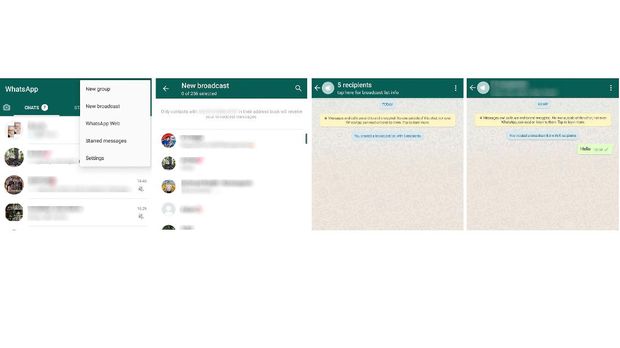 Tangkapan layar cara membroadcast pesan WhatsApp.