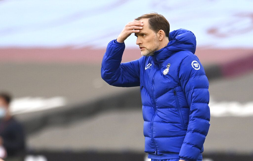 Chelsea's head coach Thomas Tuchel reacts during the English Premier League soccer match between West Ham United and Chelsea at London Stadium, London, England, Saturday, April 24, 2021. (Andy Rain/Pool via AP)