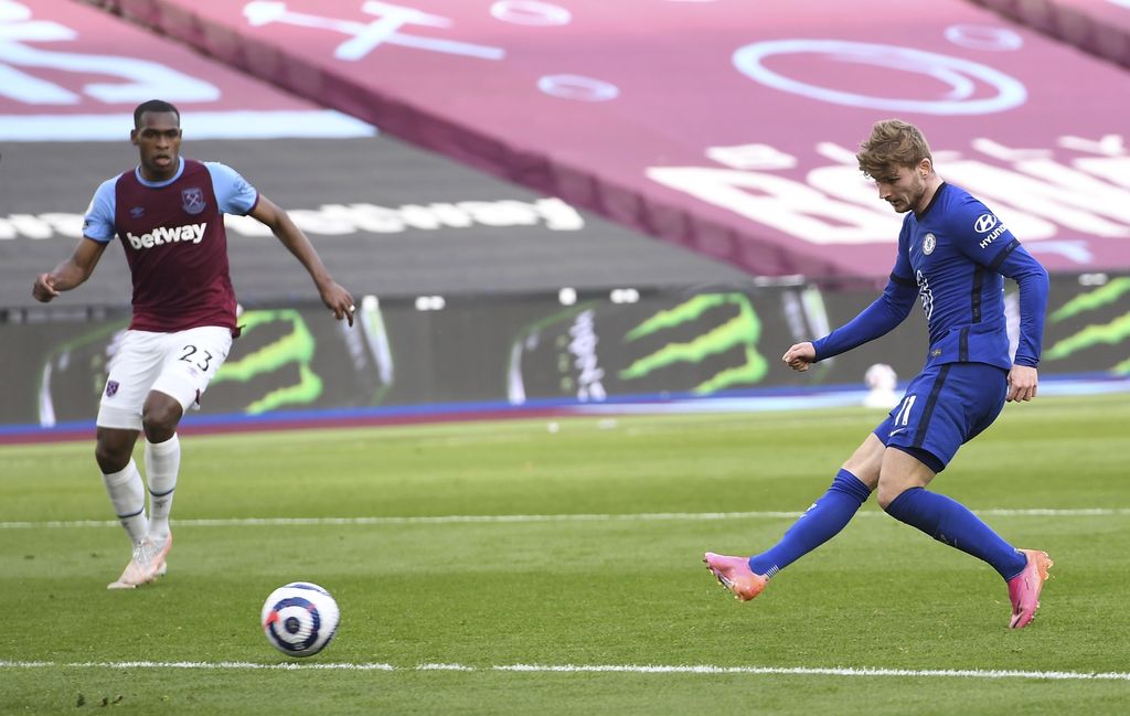 Chelsea's Timo Werner reacts during the English Premier League soccer match between Chelsea and Brighton and Hove Albion at Stamford Bridge Stadium in London, Tuesday, April 20, 2021. (AP Photo/Frank Augstein, Pool)