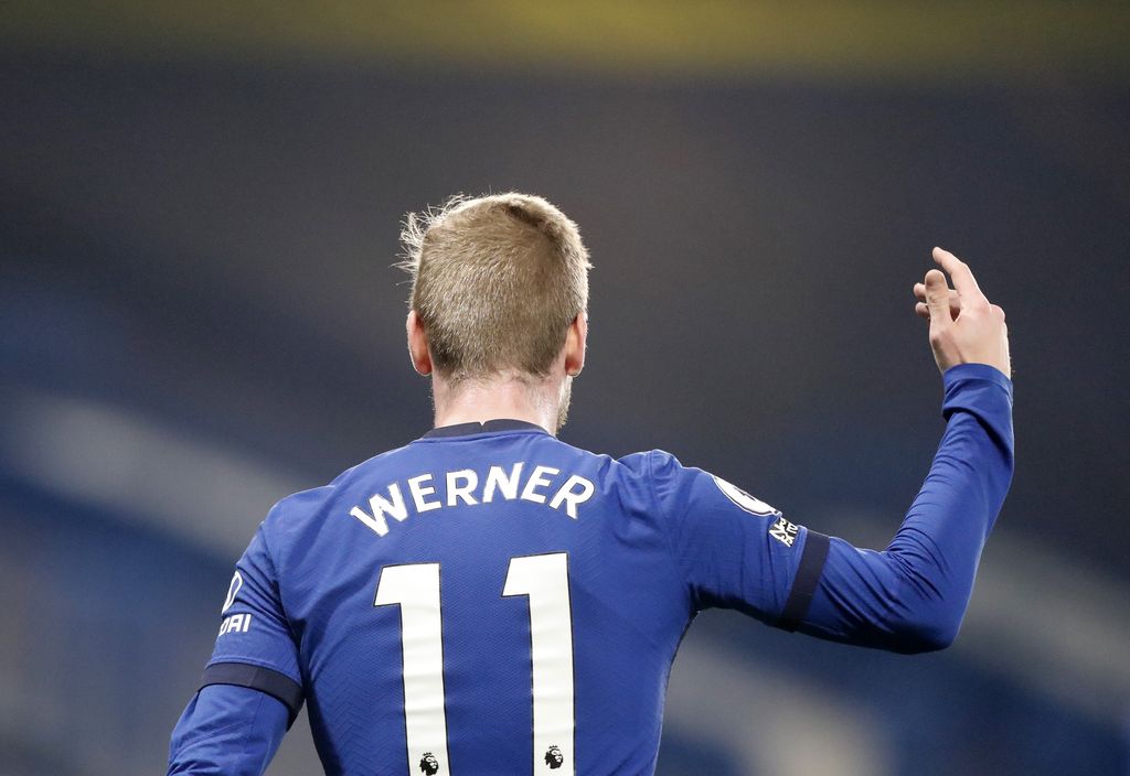 Chelsea's Timo Werner reacts during the English Premier League soccer match between Chelsea and Brighton and Hove Albion at Stamford Bridge Stadium in London, Tuesday, April 20, 2021. (AP Photo/Frank Augstein, Pool)