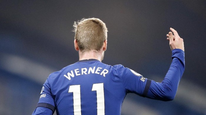Chelseas Timo Werner reacts during the English Premier League soccer match between Chelsea and Brighton and Hove Albion at Stamford Bridge Stadium in London, Tuesday, April 20, 2021. (AP Photo/Frank Augstein, Pool)