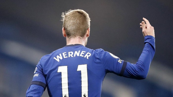 Chelseas Timo Werner reacts during the English Premier League soccer match between Chelsea and Brighton and Hove Albion at Stamford Bridge Stadium in London, Tuesday, April 20, 2021. (AP Photo/Frank Augstein, Pool)