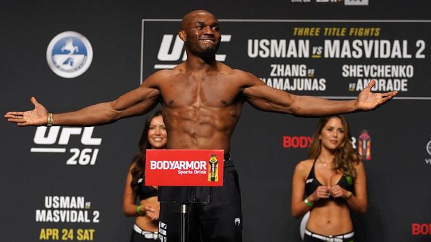 Apr 23, 2021; Jacksonville, Florida, USA; Kamaru Usman reacts during weigh-ins for UFC 261 at VyStar Veterans Memorial Arena. Mandatory Credit: Jasen Vinlove-USA TODAY Sports