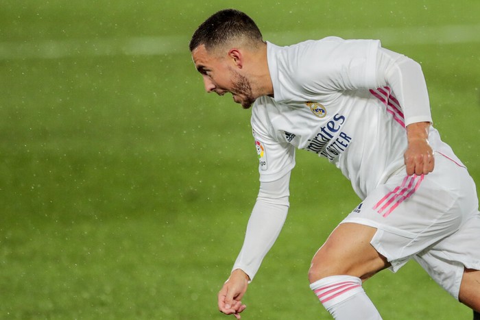 Real Madrids Eden Hazard in action during the Spanish La Liga soccer match between Real Madrid and Betis at the Alfredo di Stefano stadium in Madrid, Spain, Saturday, April 24, 2021. (AP Photo/Bernat Armangue)