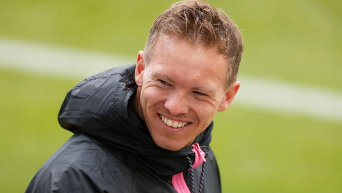 LEIPZIG, GERMANY - APRIL 25: Julian Nagelsmann, Head Coach of RB Leipzig reacts prior to the Bundesliga match between RB Leipzig and VfB Stuttgart at Red Bull Arena on April 25, 2021 in Leipzig, Germany. Sporting stadiums around Germany remain under strict restrictions due to the Coronavirus Pandemic as Government social distancing laws prohibit fans inside venues resulting in games being played behind closed doors. (Photo by Odd Andersen - Pool/Getty Images)