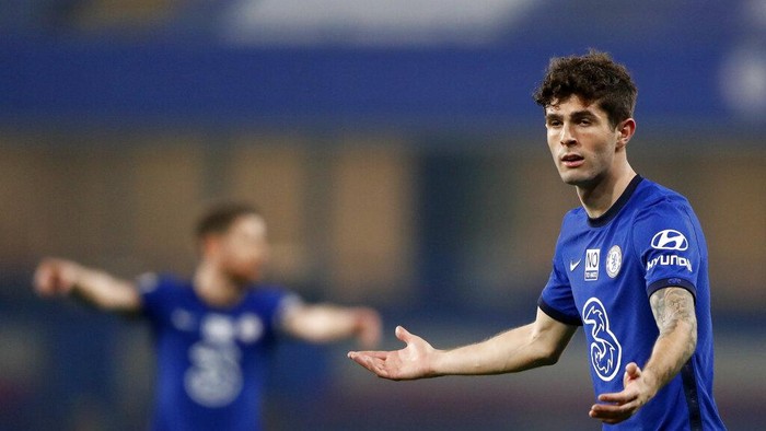 Chelseas Christian Pulisic reacts during the English Premier League soccer match between Chelsea and Brighton and Hove Albion at Stamford Bridge Stadium in London, Tuesday, April 20, 2021. (AP Photo/Frank Augstein, Pool)