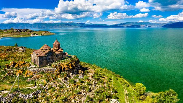 Aerial view of Hayravank monastery on the shores of lake Sevan in Armenia
