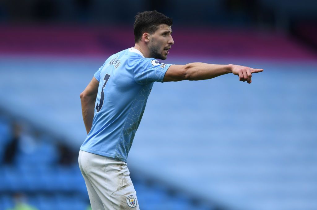 MANCHESTER, ENGLAND - FEBRUARY 27: Rúben Dias of Manchester City during the Premier League match between Manchester City and West Ham United at Etihad Stadium on February 27, 2021 in Manchester, England. Sporting stadiums around the UK remain under strict restrictions due to the Coronavirus Pandemic as Government social distancing laws prohibit fans inside venues resulting in games being played behind closed doors. (Photo by Gareth Copley/Getty Images)