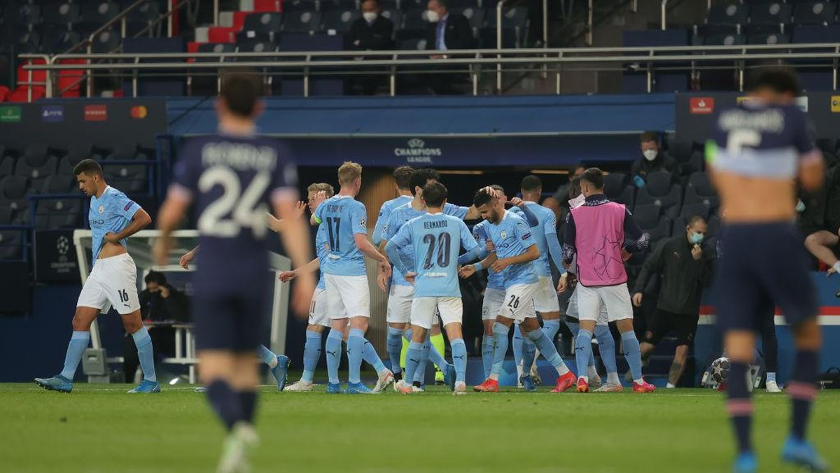 Pemain Manchester City merayakan kemenangan atas PSG di leg pertama semifinal Liga Champions 2020/2021. (Foto: Alex Grimm/Getty Images)